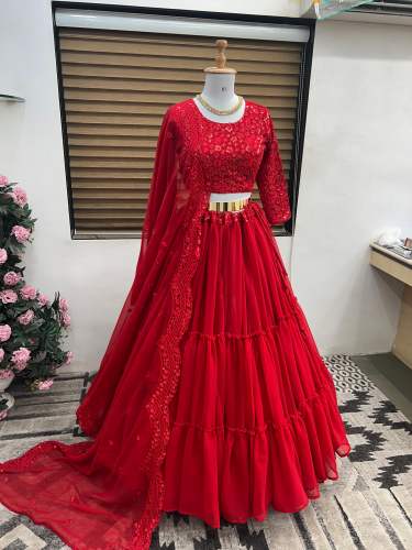 Red Heavy Georgette Embroidery Lehenga Choli by Shri Bankey Bihari Textile Company
