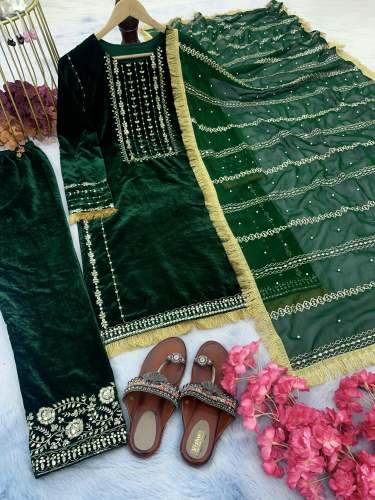 Winter Special Dark Green Viscose Velvet Suit  by Aaradhya Fashion