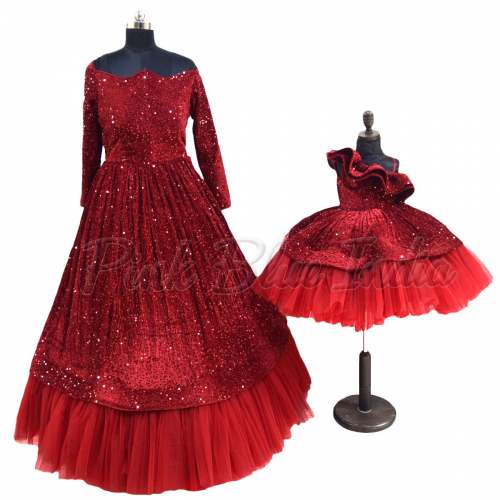 Maroon Mother and Daughter Party Wear Dresses by Pink Blue India