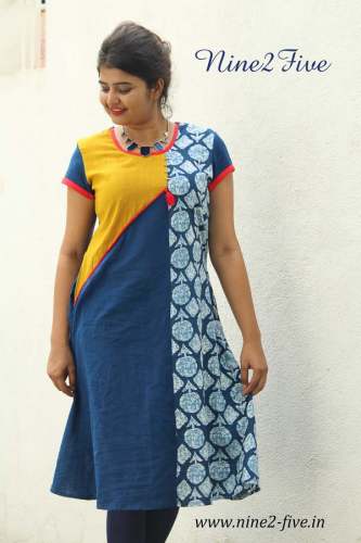 Blue & Mustard Printed Cotton A-Line Kurti