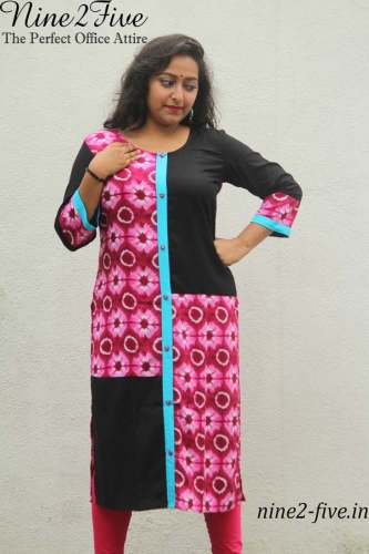 Nine2Five Pink & Black Kurti with Sky Blue Strip