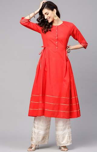 Red Solid A-Line Kurti