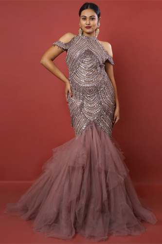 Purple Silk Designer Gown by Parish Fashions