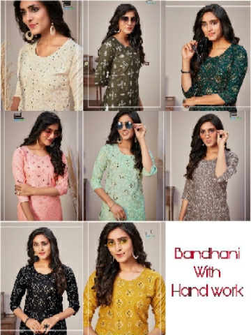 _Bandhej Print Kurti with pant Collectionrayon slub fabric with embroidery 