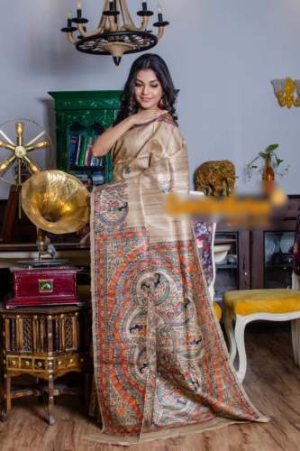 Tussar Ghiccha Madhubani Hand Paint Silk Saree