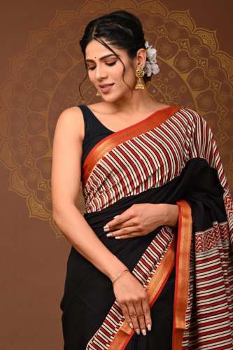 Pure Ajark printed Maheshwari border silk saree at Rs.2350/Pack in surat  offer by geet gauri fashion