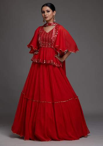 Red Sequins Georgette Designer Lehenga by Sonica Collection