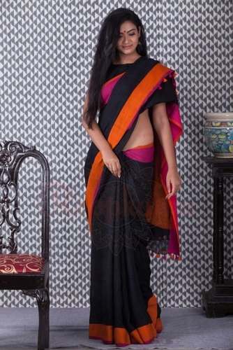 Multi Color Plain Linen Saree by Ayubi Handloom