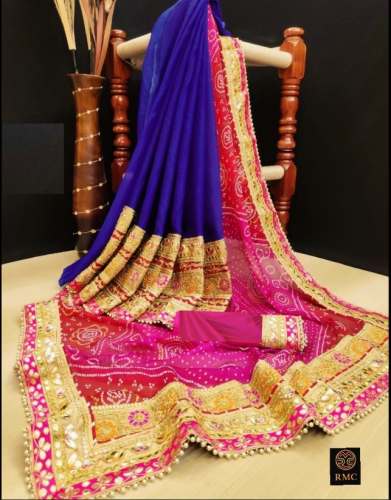 Fancy Blue-Pink Gota Patti Bandhej Saree  by Sundari Sarees