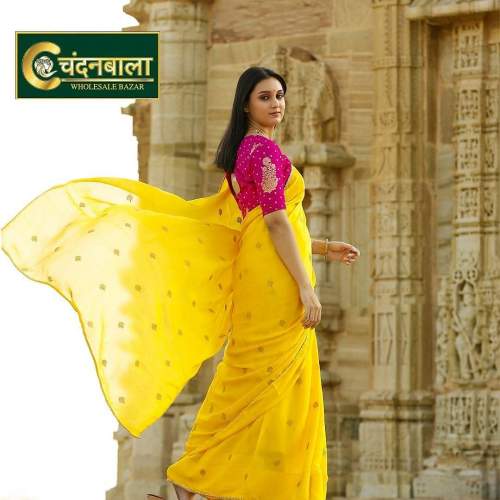 PR Fashion New Yellow Saree With Designer Blouse, Machine, 45% OFF