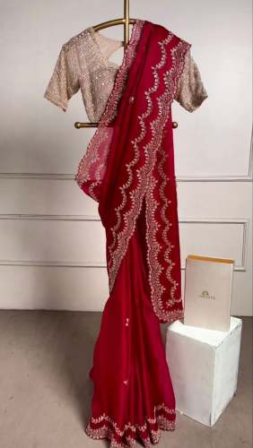 Red Heavy Taby Organza Saree Sequence Embroidery With Cut Work 