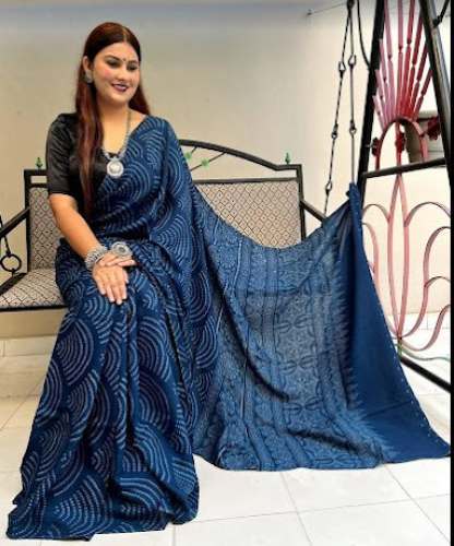 Blue Printed Georgette Saree For Women