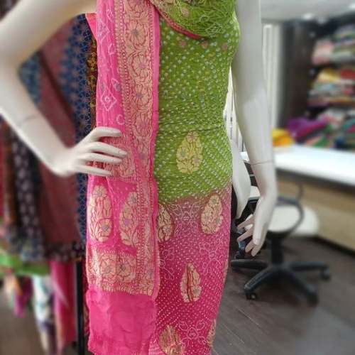 Pink and Green Shaded Color Bandhani dress by Mahavir Bandhani