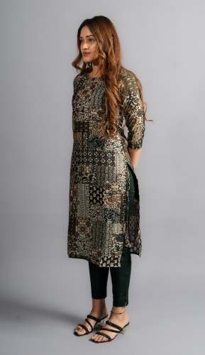 Cotton Printed A-Line Kurta - Bottle Green