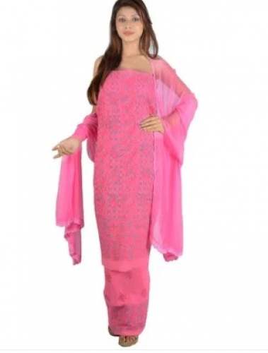 Fancy Pink Cotton Voil Chikan Dress Material  by Nazaqat