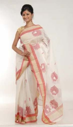 Off White Cotton Saree with Muga Border  by Meera Apparels Private Limited