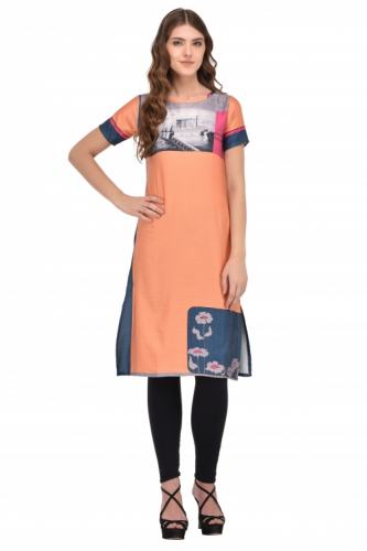 ORANGE PRINTED DIGITAL COTTON STITCHED KURTI