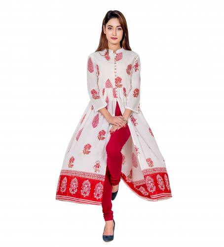 white and Red Front Slit Kurti  by MissPrint