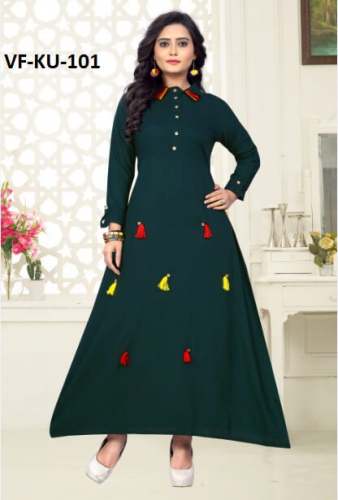 DARK GREEN PLAIN RAYON READYMADE KURTI